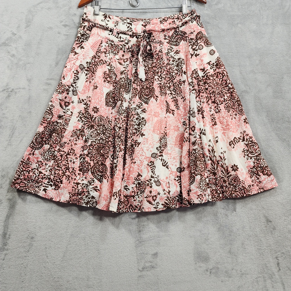 Apt 9 Skirt Womens 10 Pink Brown Floral A-Line Pleated Knee Length Tie Belt